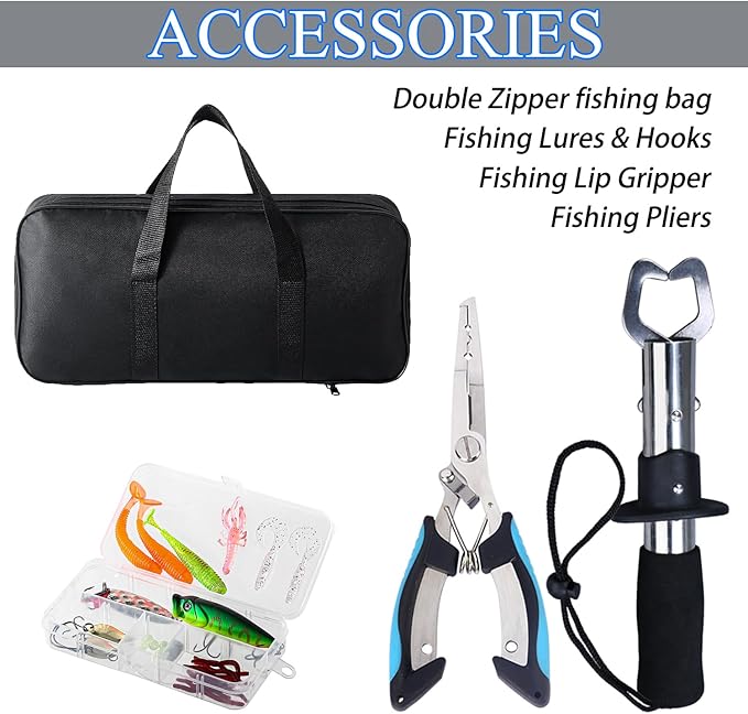Fishing Rod, 2PCS Telescopic Fishing Rod and Reel Combo with Fishing Pliers and Lip Gripper, Pre-Loaded Spinning Reel Combo, Fishing Pole with Carrier Bag Fishing Gear