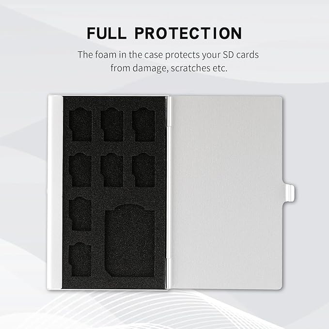 Aluminum SD Card Case, 9Slots Ultrathin SD Card Holder, Memory Card Storage Holder, Fit for 1 SD Card, 8 Micro SD Card, Silver