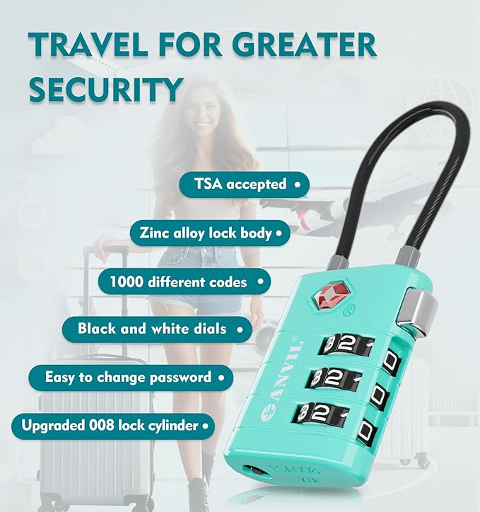 ANVIL TSA Approved Luggage Locks – High Security TSA008 Combination Travel Locks with Inspection Indicator for Suitcases and Backpacks. (3, Cyan)