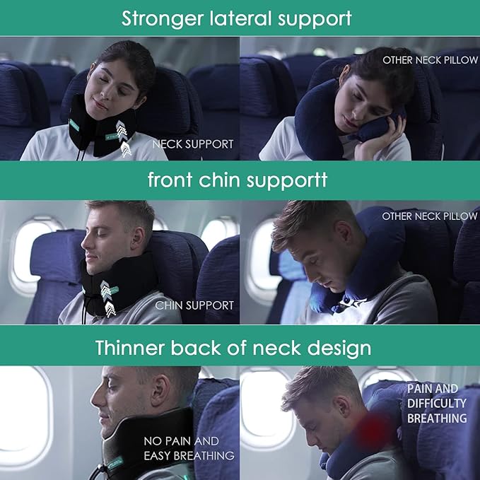 GOLDORANGE Travel Pillow Neck Chin Head Support 100% Pure Memory Foam Neck Pillows for Long Flights Airplane Car Office Sleeping Rest Portable Plane Accessories Black S