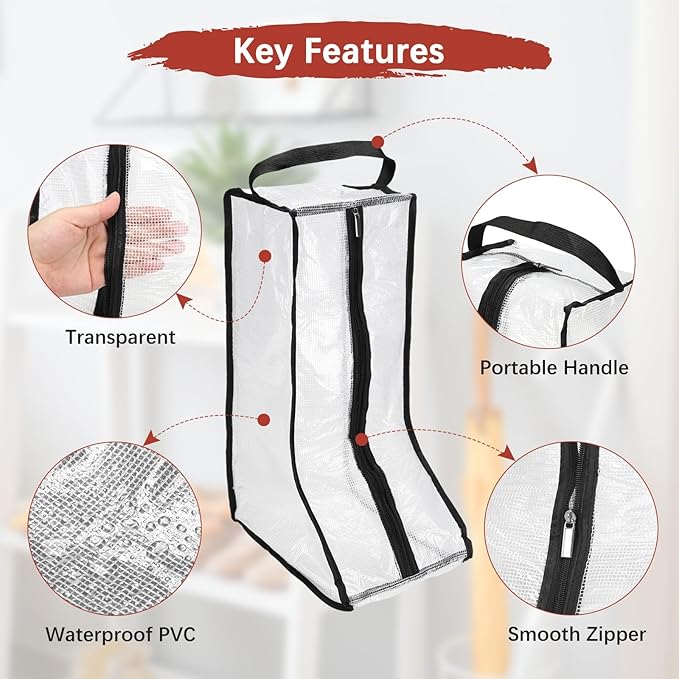 Boot Storage Bags [2PCS] - Plastic Tall Boot Carry Bags Clear Shoe Bags with Handle for Travel & Daily Use - [Black] Waterproof & DustProof Boot Bags for Cowboy Boots