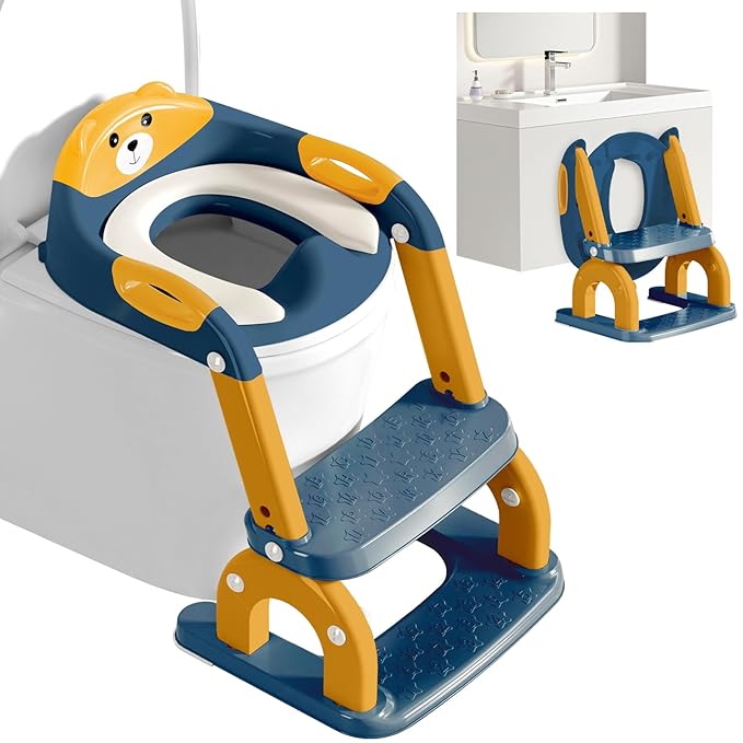 Potty Training Seat for Toddlers - Upgrade 2-in-1 Toilet Seat Toilet Ladder for Kids Children Boys Girls, Anti-Slip Pad & Adjustable Height with Waterproof PVC Cushion - Dark Blue