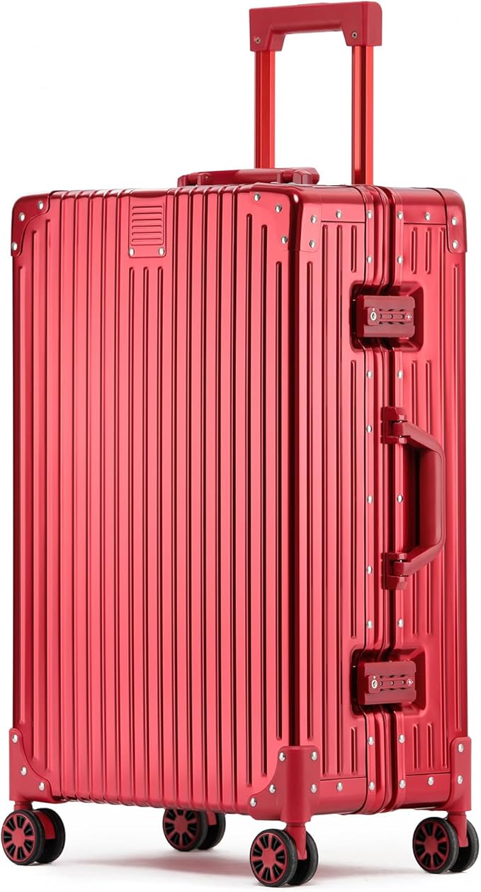 Metal All Aluminum Carry-on Luggage TSA Customs Lock Zipperless Silent Rotary Wheel Business Suitcase Aluminum Frame Set (red, 20 '')