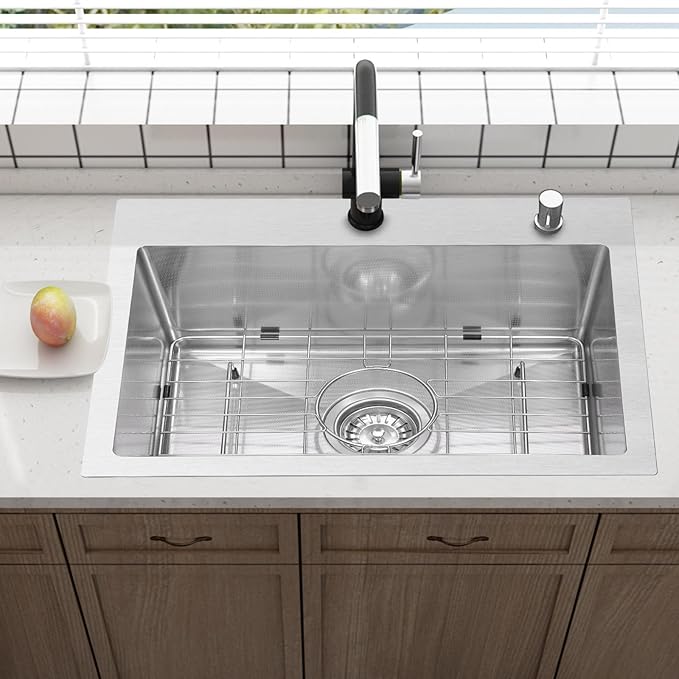 Drop In Kitchen Sink 25x22", 9" Basin Depth, 18 Gauge Stainless Steel Sink, 3D Embossed Surface Finish Top Mount with Accessories