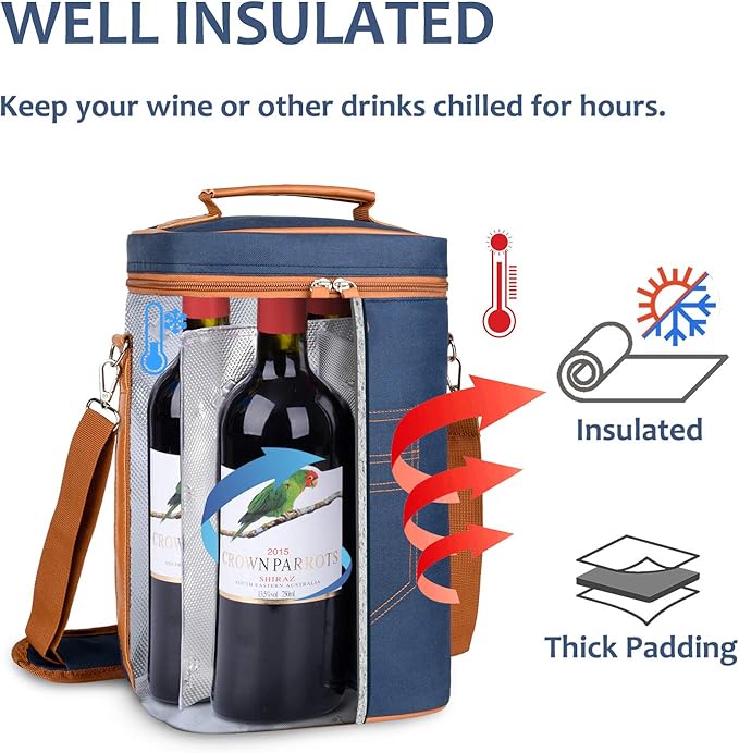 Tirrinia 4 Bottle Wine Gift carrier - Insulated & Padded Portable Versatile Wine Carrying Cooler Tote Bag for Travel, BYOB Restaurant, Wine Tasting, Party, Gift for Wine Lovers, Dark Blue