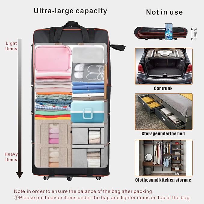 Expandable Large Capacity Travel Bag Oxford Cloth Duffel Bag with Wheels Lightweight Waterproof Travel Foldable Suitcase(Black)