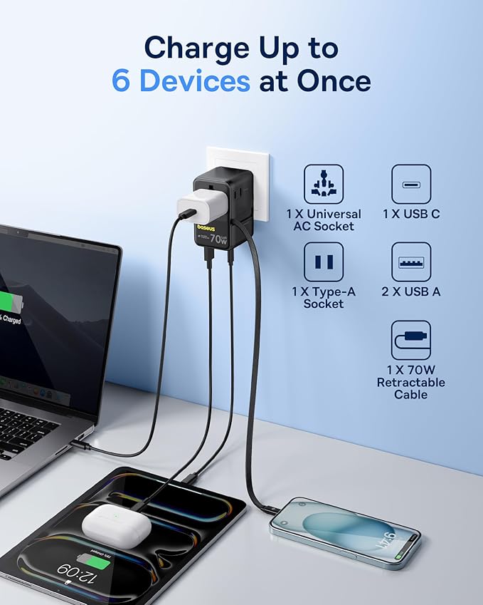 Baseus 70W Universal Travel Adapter and Baseus 60W Retractable USB C Cable