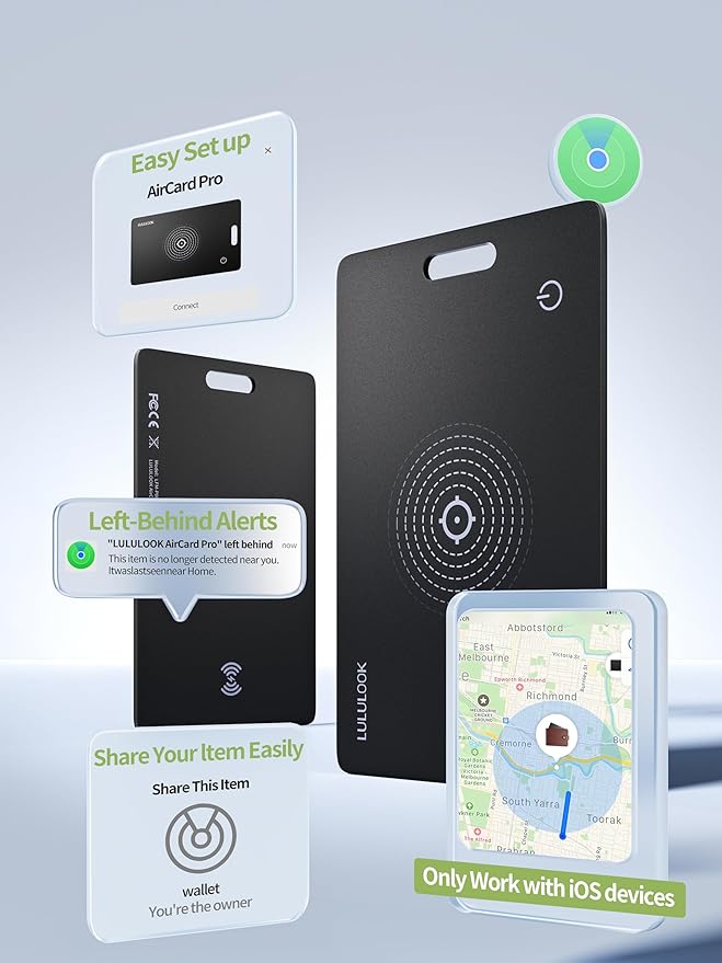 LULULOOK Wallet Tracker Card, Ultra Slim Airtag Wallet Works with Apple Find My (iOS Only), Wireless Rechargeable GPS Smartcard Tracker for Luggage, Tags, Passport, Purse, IP68 Waterproof, 1 Pack
