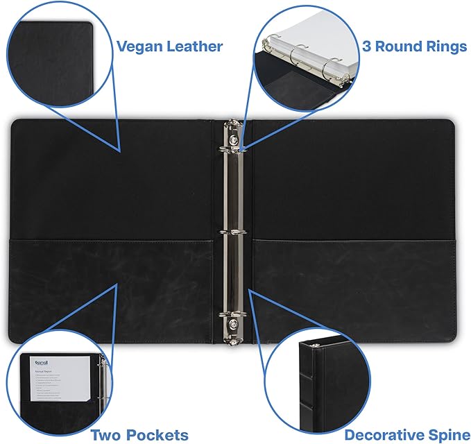 Samsill Vintage Leather 3 Ring Binder, Leather Organizer, Planner, 1.5 Inch, Letter Size 8.5 x 11, No Zipper, Black