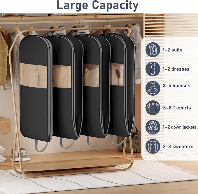 DIMJ 4 Pack 43" Space Saving Garment Bags for Hanging Clothes With Compression Zipper Carry Handles and Window, Washable Suit Bag for Dress, Clothes, Coats, Down Jacket, Closet, Moving, Travel