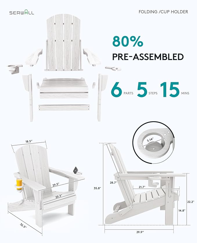 SERWALL Adirondack Chair with Cup Holders - Composite Adirondack Chairs Set of 8 HDPE Outdoor Chairs All Weather Use- White