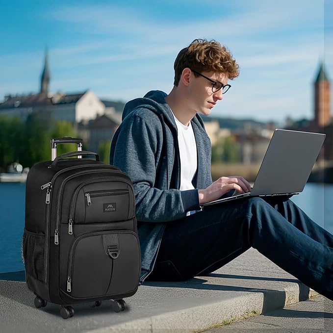 MATEIN Roller Backpack, 18 inch Large Travel Laptop Bag with 4 Wheels for Adults, Heavy Duty Wheeled Suitcase Luggage Pack for Work Business, Rolling Spinner Computer Rucksack for Men Women, Black