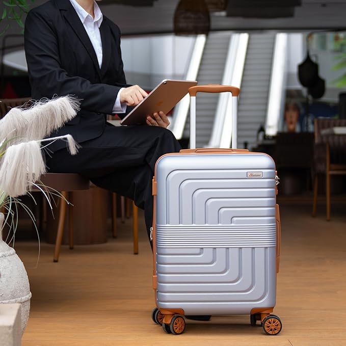 Romswi Expandable 22" Carry On Luggage,Hardshell Suitcase with Double Spinner Wheels for 20% More Space, Airline Approved Lightweight Hardside Luggage, Scratch-Resistant & YKK Zipper,Silver