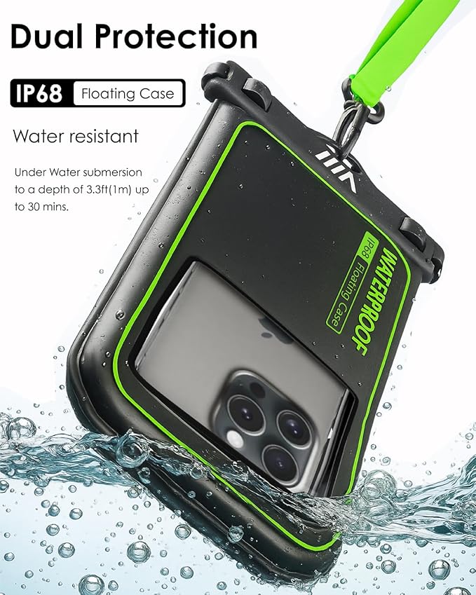 【2025 Upgraded】 8 Pack Black - IP68 Waterproof Phone Pouch Floating Design No Sink Waterproof Phone Case - Beach Pool Travel Essentials - Works w/All Phones - Detachable Lanyard - Black/Hi-Vis Green