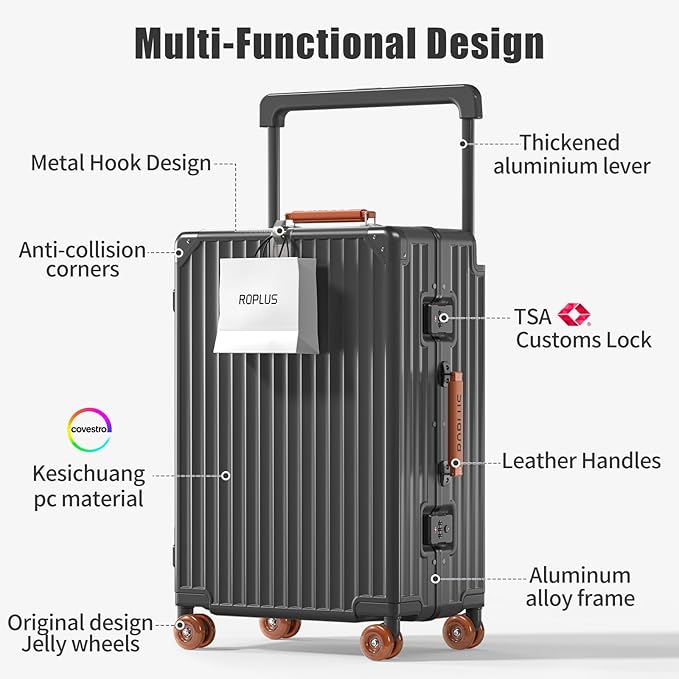 Aluminium Frame Checked-Luggage with Smooth Jelly Wheels, Hardside Zipperless Rolling Suitcase with TSA Lock (Grey, 24-Inch)