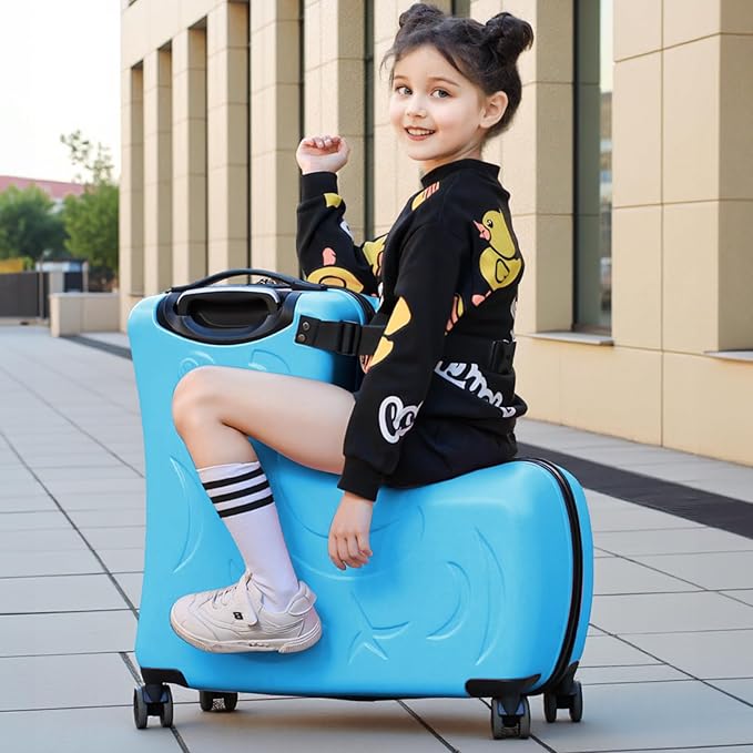 Kids Ride-On Suitcase, Hardside Rolling Luggage with 4 Spinner Wheels, Seat & Safety Belt, Toddler Carry-On for Boys & Girls Ages 2-6, Blue