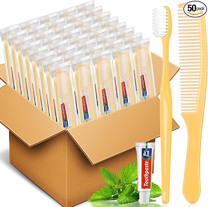 NICEMOVIC 50 Pack Disposable Toothbrushes Bulk with Toothpaste and Comb Travel Size Toothpaste Set Homeless Care Package Supplies for Bulk Individually Wrapped Disposable Travel Hotel Charity, Yellow