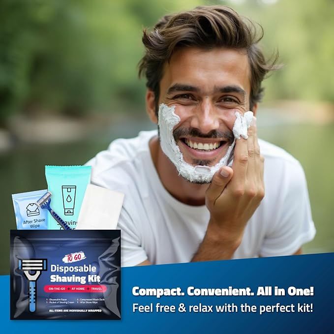Shaving Kit with Razor, Shaving Cream, Washcloth & Aftershave Wipe – Men’s Travel Shave Set for Hotels, Shelters & Outreach – Disposable Grooming Pack (Blue) (10)