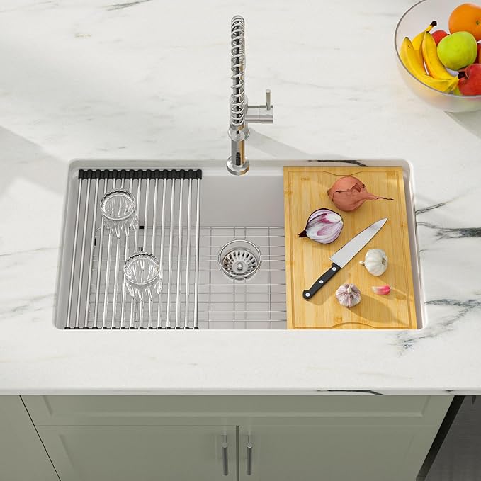 Dcolora 30 Inch White Kitchen Sink Granite Composite Workstation Undermount Quartz Single Bowl Kitchen Sink 30"W x 19"D x 10"H, DC-GU5521
