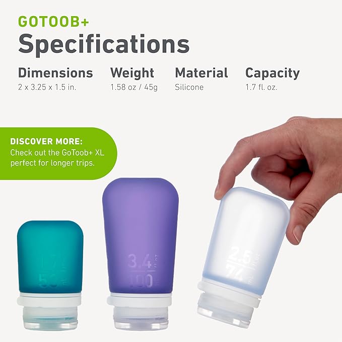 humangear GoToob+ Refillable Silicone Travel Size Bottles with Locking Cap, 3pk Set, Clear/Purple/Teal, Small (1.7 fl.oz; 53ml)