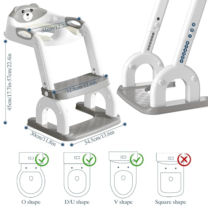 Potty Training Seat for Toddlers, Adjustable Height 2-in-1 Potty Training Toilet Ladder for Kids Boys Girls with Splash Guard, Waterproof Cushion, Anti-Slip Pad Step Stoo - Grey