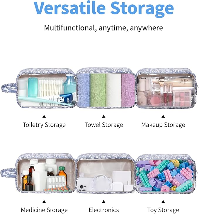 Narwey Clear Toiletry Bags for Traveling Women Men, Clear Travel Bags for Toiletries Makeup Bag Cosmetic Bag with Zipper, Make Up Organizer, Skincare Bag (Blue Leaf)