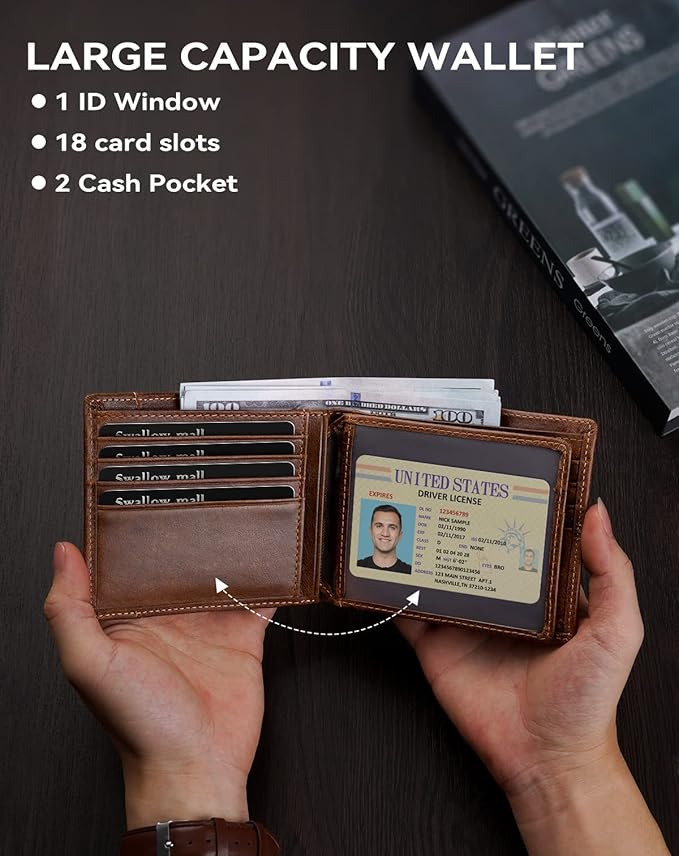 Swallowmall Mens Wallet Rfid Blocking Leather Wallet for Men Bifold Wallet Leather with 1 ID Window 16 Card Slot