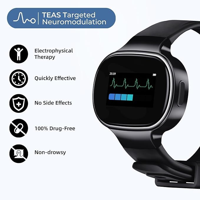 EmeTerm Smart FDA-Cleared Anti-Nausea Wristwatch Touchscreen IP67 Waterproof Morning Motion Sickness Relief Rechargeable Fast Acting Drug Free (Black - Extra 2pack Conductive Gel)