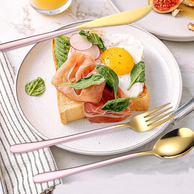 AARAINBOW 6 Pieces 18/8 Stainless Steel Flatware Set Portable Reusable Cutlery Set Travel Utensils Set Including Chopsticks Knife Fork Spoon Straws Cleaning Brush Dishwasher Safe (Pink golden)