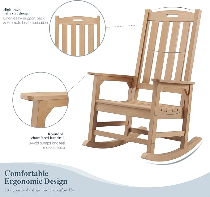 Psilvam Oversized Outdoor Rocking Chair, with 21" Wide Seat and 32" Tall Backrest, Pre-Assembled with Most Components for Effortless Installation (Teak Color)