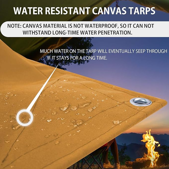 FoundGo 10x16ft Canvas Tarp 22 Mil Tarps 14 oz Canvas Tarpaulin Heavy Duty Cloth Water/UV Resistant Cover with Rustproof Grommets & Ropes for Cars,Roofs,Boats,Camps,Sunshades，Moisture Barrier -Tan