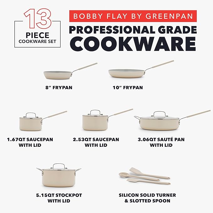 GreenPan x Bobby Flay 13 Piece Nonstick Cookware Pots and Pans Set, PFAS-Free Diamond Ceramic, Induction Suitable, Easy Clean Dishwasher & Oven Safe, Stay-Cool Silicone Handles, Glass Lids, Cream