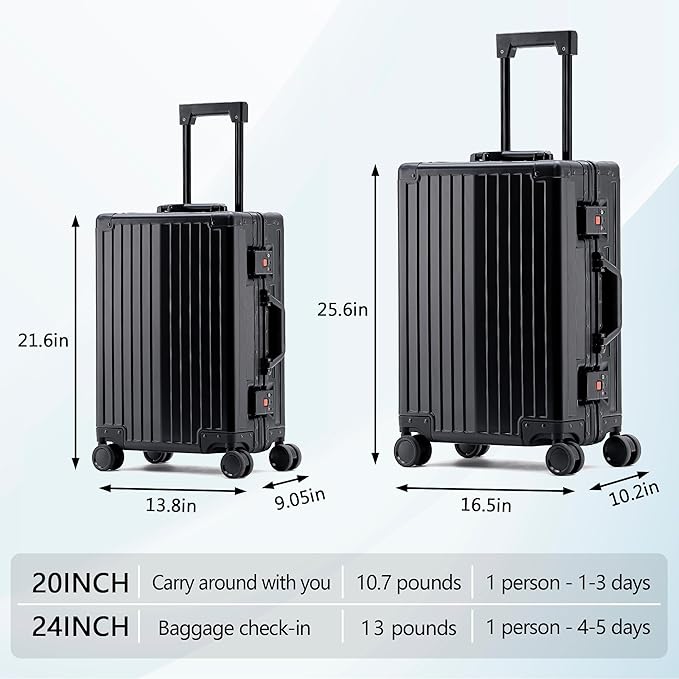 YYW Aluminum Carry-On Luggage Airline Approved Lightweight Suitcase with TSA Lock and Silent Wheels, Hardshell Spinner Business Travel (Black, 20in)