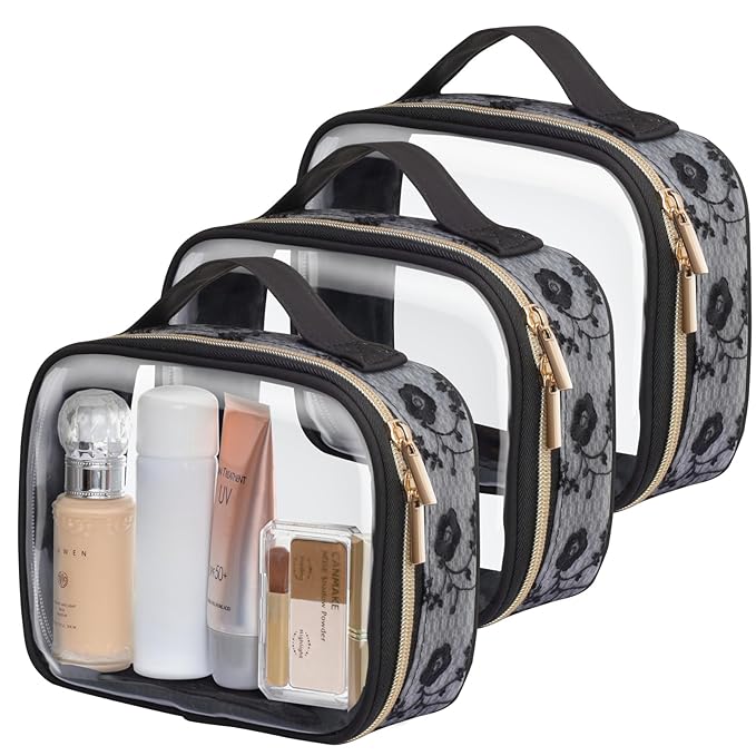 PACKISM TSA Approved Toiletry Bag - 180° Large Opening Clear Makeup Bags with Handle, Easily Access, Floral Texture Lace Clear Toiletry Bags for Traveling, Thick 0.5 mm No Smell, Black