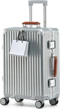 HotWay 24 Inch Hardside Checked Luggage with Leather Handle, PC Zipperless Suitcase with Spinner Wheels and TSA Locks, Lightweight Checked Luggage for Travel, Silver