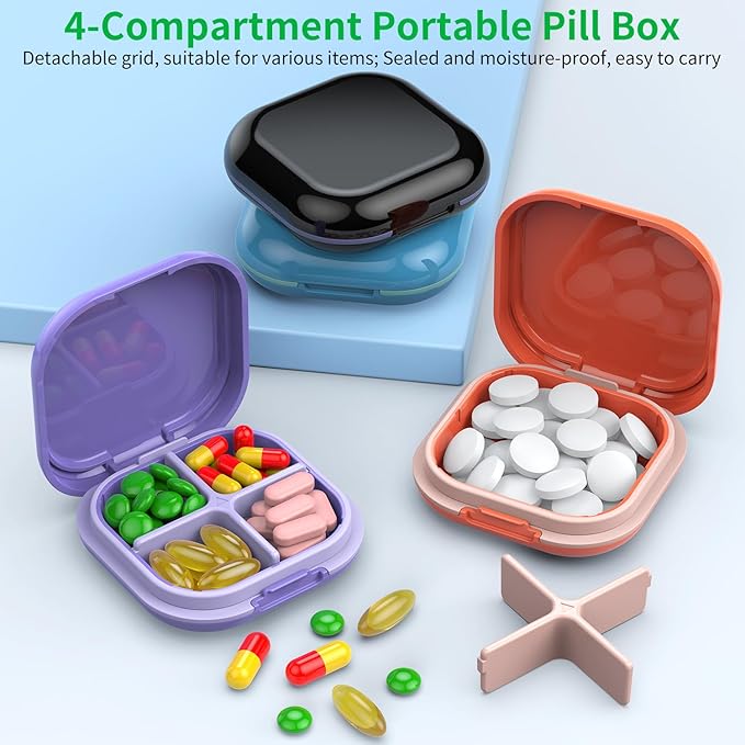 Daily Pill Organizer 4 Compartments, Small Pill Box Portable Travel Pill Case, Mini Pill Container for Purse Pocket, Compact Travel Medicine Organizer for Vitamin, Cod Liver Oil, Supplement (Blue)