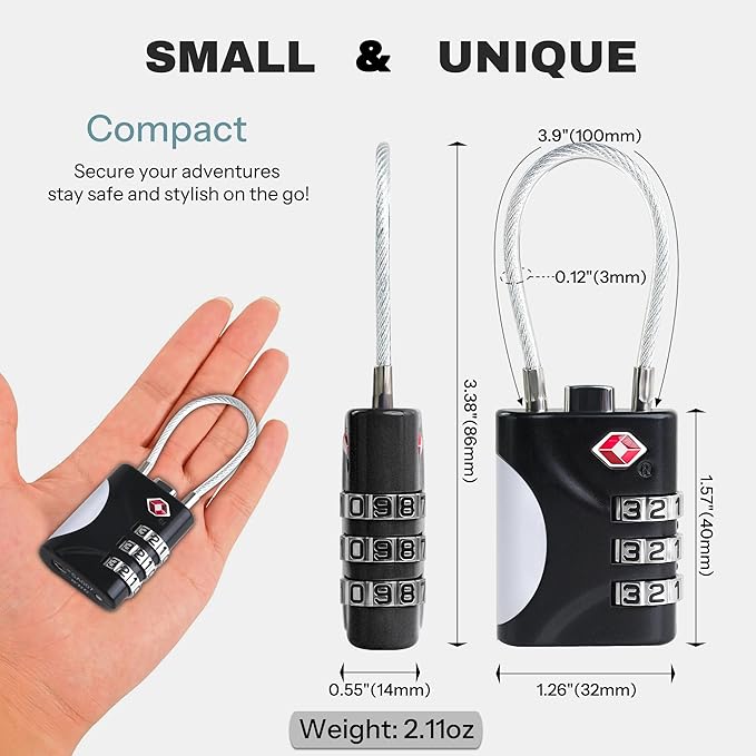 TSA Approved Luggage Locks - Small Combo Travel Padlock with Cable, TSA 007 Suitcase & Backpack Security, Durable & Easy to Use (Black+Black)