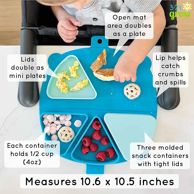 On-The-Go Snack Mat – Baby Silicone Travel Dining Placemat – Portable Silicone Toddler Plate – Reusable Snack Container with 3 Compartments and Lids for 6 Months + (Aqua)
