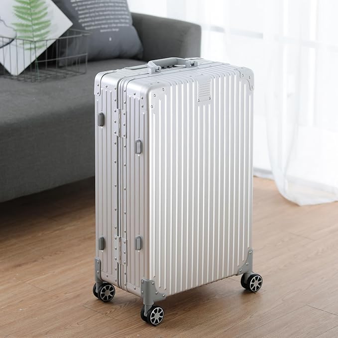Metal All Aluminum Carry-on Luggage TSA Customs Lock Zipperless Silent Rotary Wheel Business Suitcase Aluminum Frame Set (silvery, 26 '')