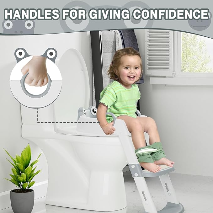 Potty Training Seat with Step Stool Ladder, Toddler Toilet Seat with PU Cushion, Adjustable 5-Level Height, Foldable Potty Training Toilet for Kids Boys Girls, Anti-Slip Pads Ladder