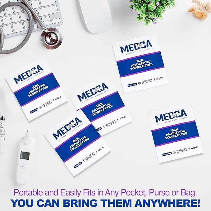 Hand Wipes – (Pack of 300) Benzalkonium Chloride Swabs Individual BZK Single-Use Packets by MEDca