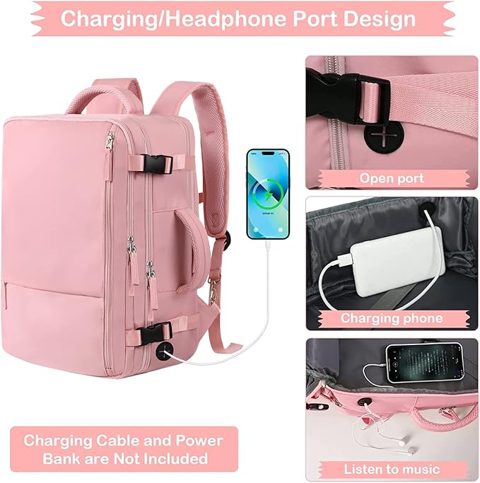 Hanples Carry on Travel Backpack for Women, Large 35L Personal Item Luggage Backpack,17 inch Laptop Backpack TSA Flight Approved, Travel Essentials Casual Daypack with 2 Toiletry Bags (Pink)