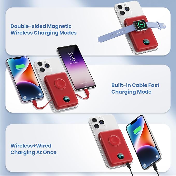 Magnetic Portable Charger for iPhone with Built-in Cables, 6-in-1 10800mAh Power Bank with iWatch Charger & LCD Display,25W Fast Charging Battery Pack for iPhone 16/15/14/13/12,Apple Watch (Red)