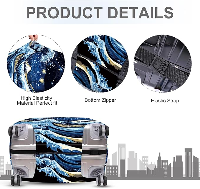 ANNA QUEEN Starry Ocean Wave Luggage Cover, Suitcase Protector with Artistic Van Gogh Style, Stretchable, Washable Travel Cover for 32-34 Inch Luggage
