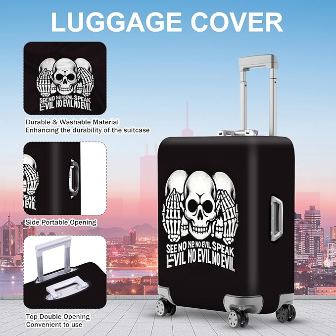 ANNA QUEEN Gothic Skull Luggage Cover, “See No Evil, Hear No Evil, Speak No Evil” Skeleton Design, Stretchable, Washable Suitcase Protector for 32-34 Inch Travel Suitcases