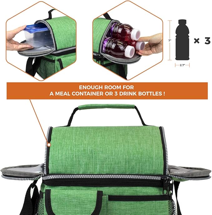 opux Lunch Box for Men, Adult Lunch Box Cooler, Insulated Lunch Bag Women, Dual Compartment Lunchbox for Work, Leakproof Double Decker Lunch Bag, Soft Lunch Pail Tote Boys Girls Kids School, Green
