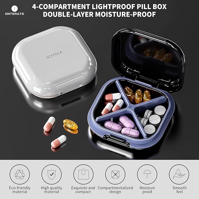 Small Pill Case, Travel Pill Box, Portable Pill Organizer, Pill Container for Pocket 4 Compartments, Daily Compact Travel Medicine Holder for Vitamins Medication (Light Grey)