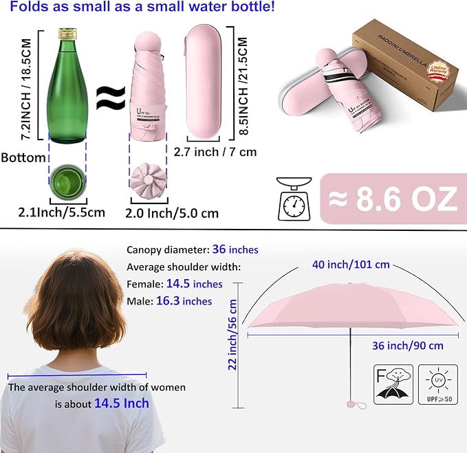 BAODINI Travel Mini Umbrella for Purse With Case Small Compact UV Sun Protection Sun Lightweight Tiny Pocket Umbrella for Women Girls and Men