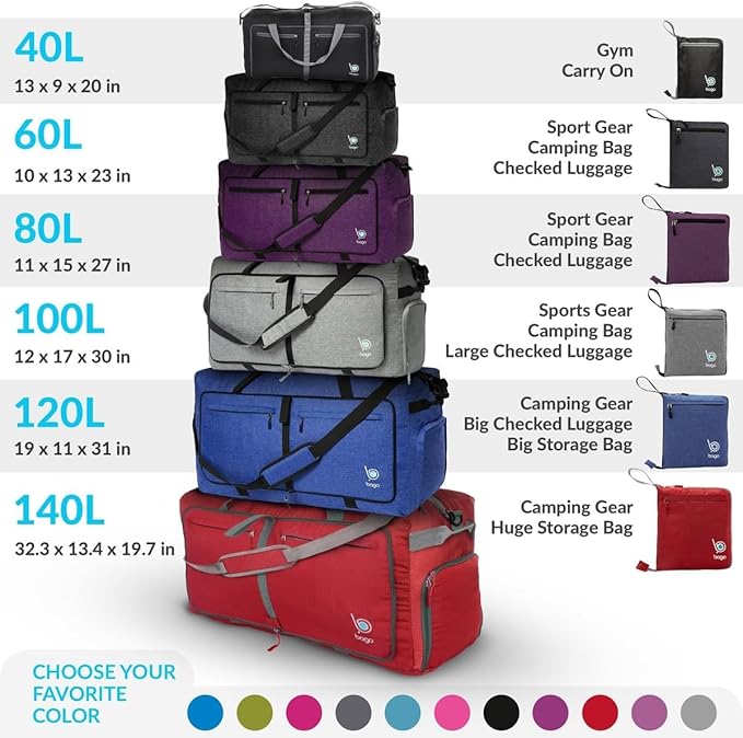 Bago Large Foldable Duffel Bags for Traveling Women & Men - 80L Packable Duffle Bag for Travel with Shoe Compartment - Water Repellant, Heavy Duty, Lightweight Folding & Collapsible (SnowBlack)