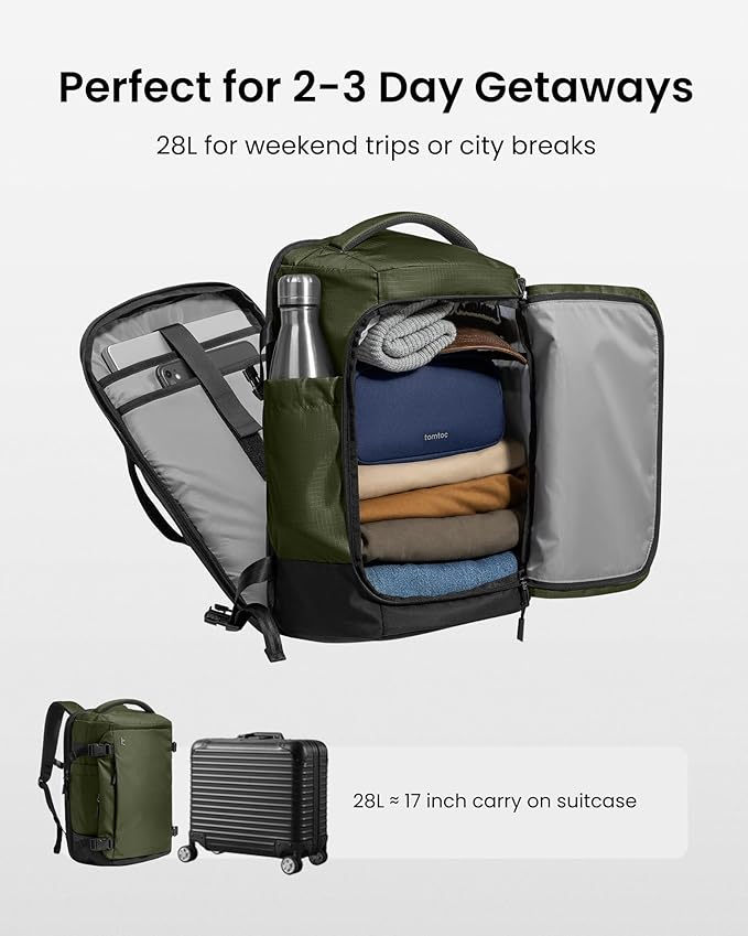 tomtoc Travel Backpack 28L, TSA Friendly Flight Approved Carry-on Luggage Hand Water-resistant Lightweight Business Rucksack, Durable Bag Fits 16 Inch Laptop